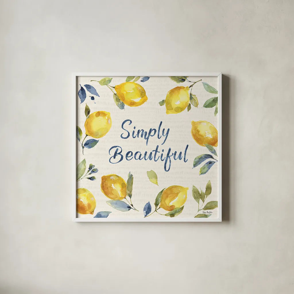 Zest of Happy V by Lisa Audit. Shown in a crisp white glass frame for a clean and minimalist style. Available as an archival giclee rolled canvas, fine art paper, or poster print. SKU 51813a.