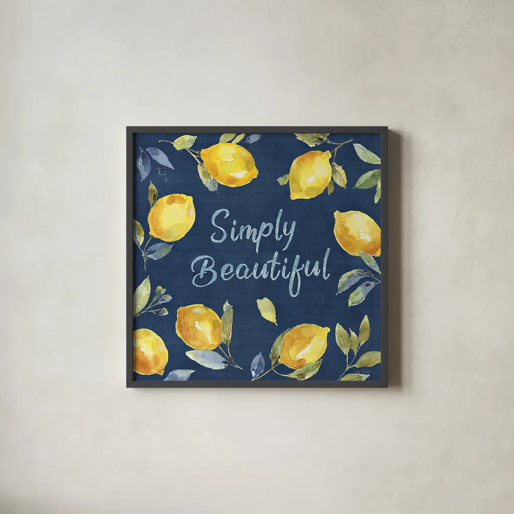 Zest of Happy V Blue by Lisa Audit. Shown in a sleek black glass frame for a contemporary gallery look. Available as an archival giclee rolled canvas, fine art paper, or poster print. SKU 51818a.