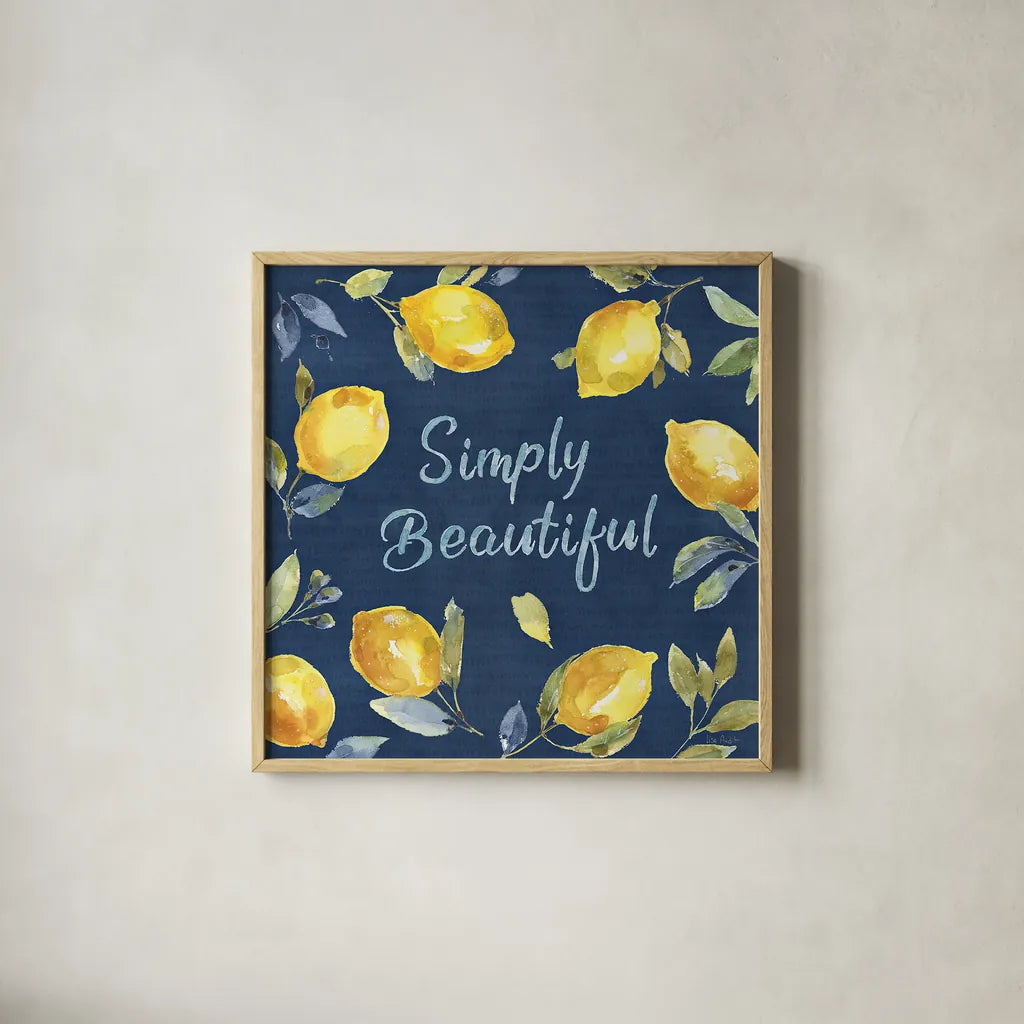 Zest of Happy V Blue by Lisa Audit. Shown in a natural wood glass frame for a timeless modern aesthetic. Available as an archival giclee rolled canvas, fine art paper, or poster print. SKU 51818a.