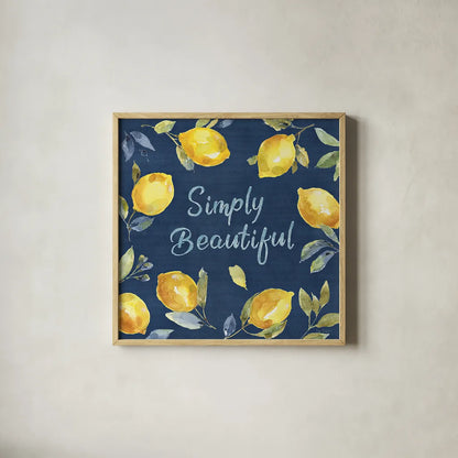 Zest of Happy V Blue by Lisa Audit. Shown in a natural wood glass frame for a timeless modern aesthetic. Available as an archival giclee rolled canvas, fine art paper, or poster print. SKU 51818a.