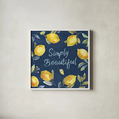 Zest of Happy V Blue by Lisa Audit. Shown in a crisp white glass frame for a clean and minimalist style. Available as an archival giclee rolled canvas, fine art paper, or poster print. SKU 51818a.