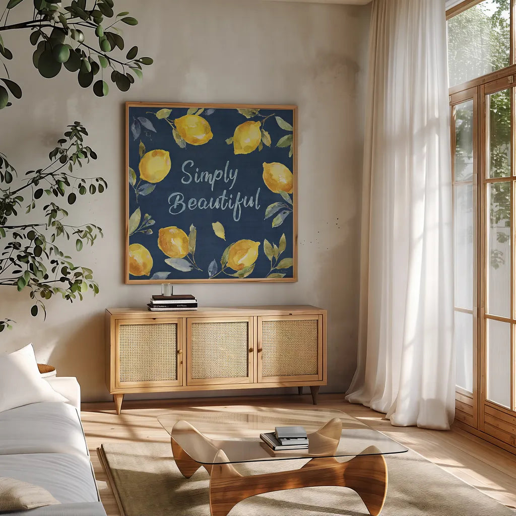 Zest of Happy V Blue by Lisa Audit. Shown in a natural wood frame in a cozy modern living room. Available as an archival giclee rolled canvas, fine art paper, or poster print. SKU 51818a.