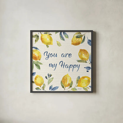 Zest of Happy VI by Lisa Audit. Shown in a sleek black glass frame for a contemporary gallery look. Available as an archival giclee rolled canvas, fine art paper, or poster print. SKU 51814a.