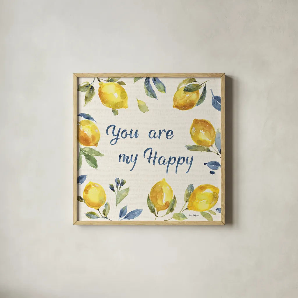 Zest of Happy VI by Lisa Audit. Shown in a natural wood glass frame for a timeless modern aesthetic. Available as an archival giclee rolled canvas, fine art paper, or poster print. SKU 51814a.