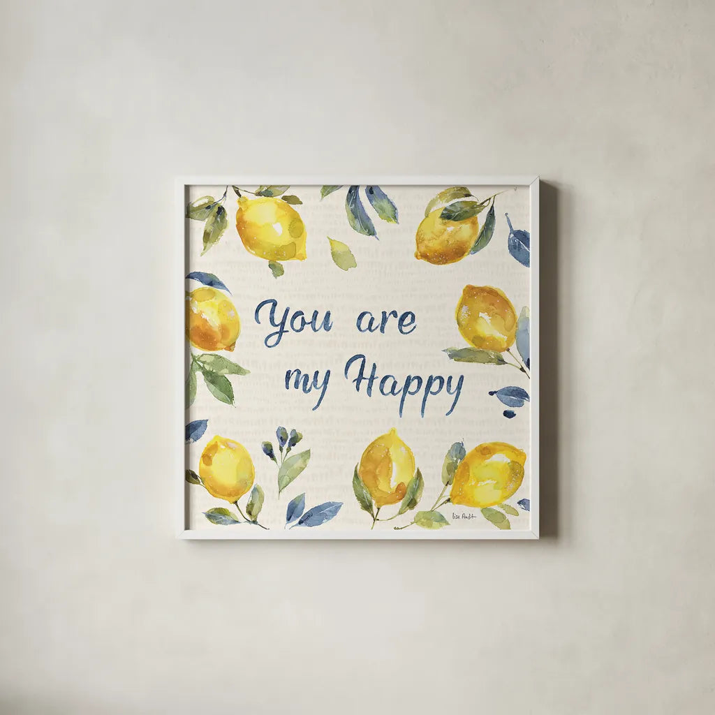 Zest of Happy VI by Lisa Audit. Shown in a crisp white glass frame for a clean and minimalist style. Available as an archival giclee rolled canvas, fine art paper, or poster print. SKU 51814a.