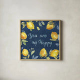 Zest of Happy VI Blue by Lisa Audit. Shown in a natural wood glass frame for a timeless modern aesthetic. Available as an archival giclee rolled canvas, fine art paper, or poster print. SKU 51819a.