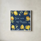Zest of Happy VI Blue by Lisa Audit. Shown in a crisp white glass frame for a clean and minimalist style. Available as an archival giclee rolled canvas, fine art paper, or poster print. SKU 51819a.