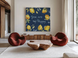 Zest of Happy VI Blue by Lisa Audit. Shown as extra-large giant wall art in a modern living room. Available as an archival giclee rolled canvas, fine art paper, or poster print. SKU 51819a.