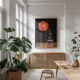 Bottled Beauty by Mackenzie Nelson. shown as a print in a natural wood frame in a dining room. Available as a archival giclee rolled canvas, fine art paper, or poster print. SKU 102595h.