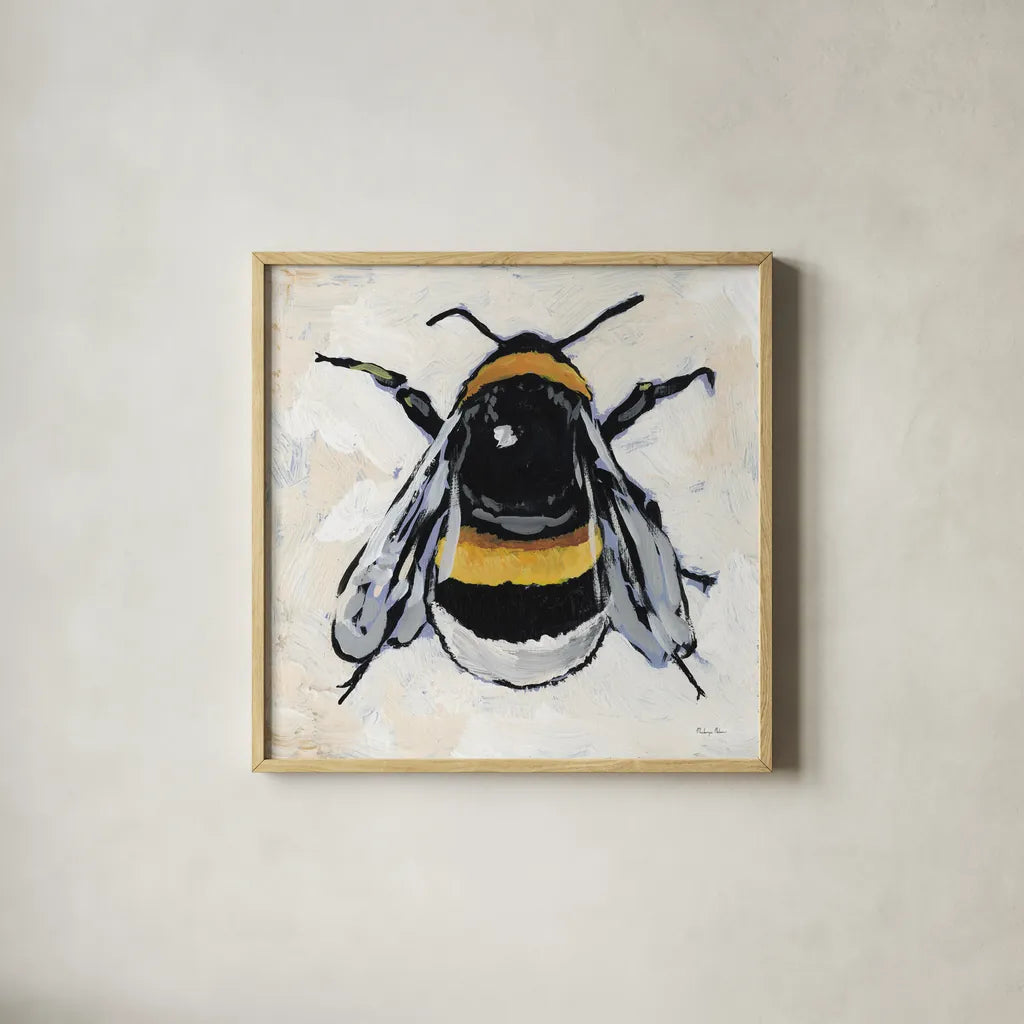 Bumblebee I by Mackenzie Nelson. Shown in a natural wood glass frame for a timeless modern aesthetic. Available as an archival giclee rolled canvas, fine art paper, or poster print. SKU 102198a.