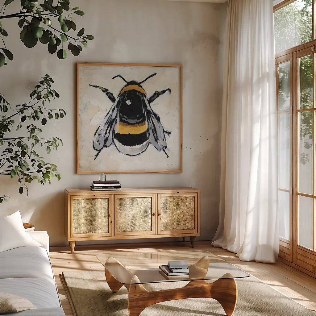 Bumblebee I by Mackenzie Nelson. Shown in a natural wood frame in a cozy modern living room. Available as an archival giclee rolled canvas, fine art paper, or poster print. SKU 102198a.