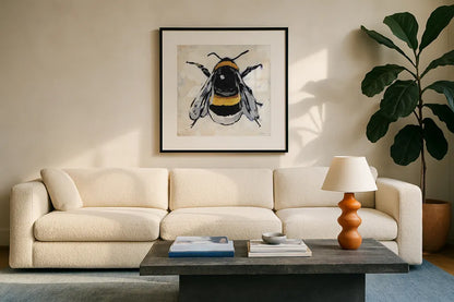 Bumblebee I by Mackenzie Nelson. Displayed in a glass frame with matte in a clean modern living room. Available as an archival giclee rolled canvas, fine art paper, or poster print. SKU 102198a.