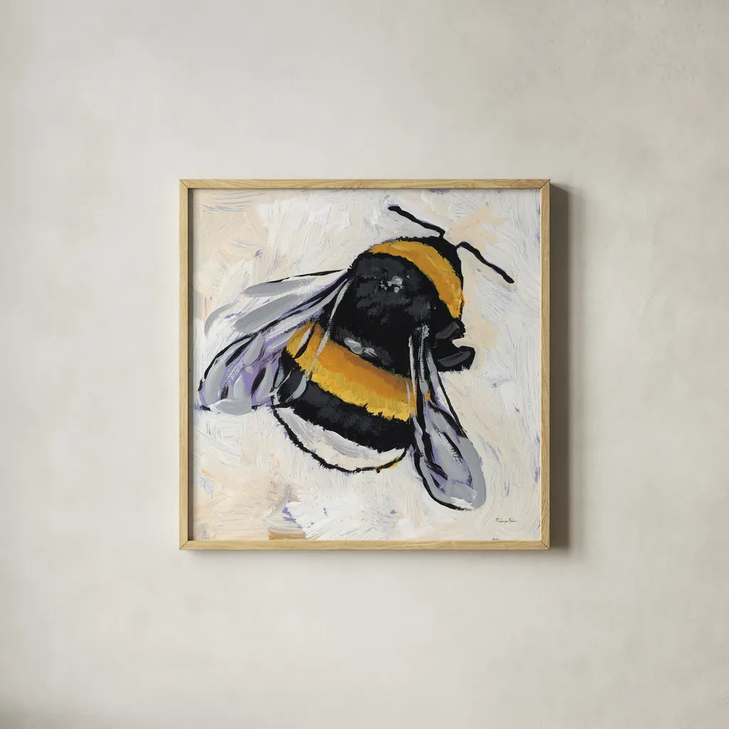 Bumblebee II by Mackenzie Nelson. Shown in a natural wood glass frame for a timeless modern aesthetic. Available as an archival giclee rolled canvas, fine art paper, or poster print. SKU 102199a.
