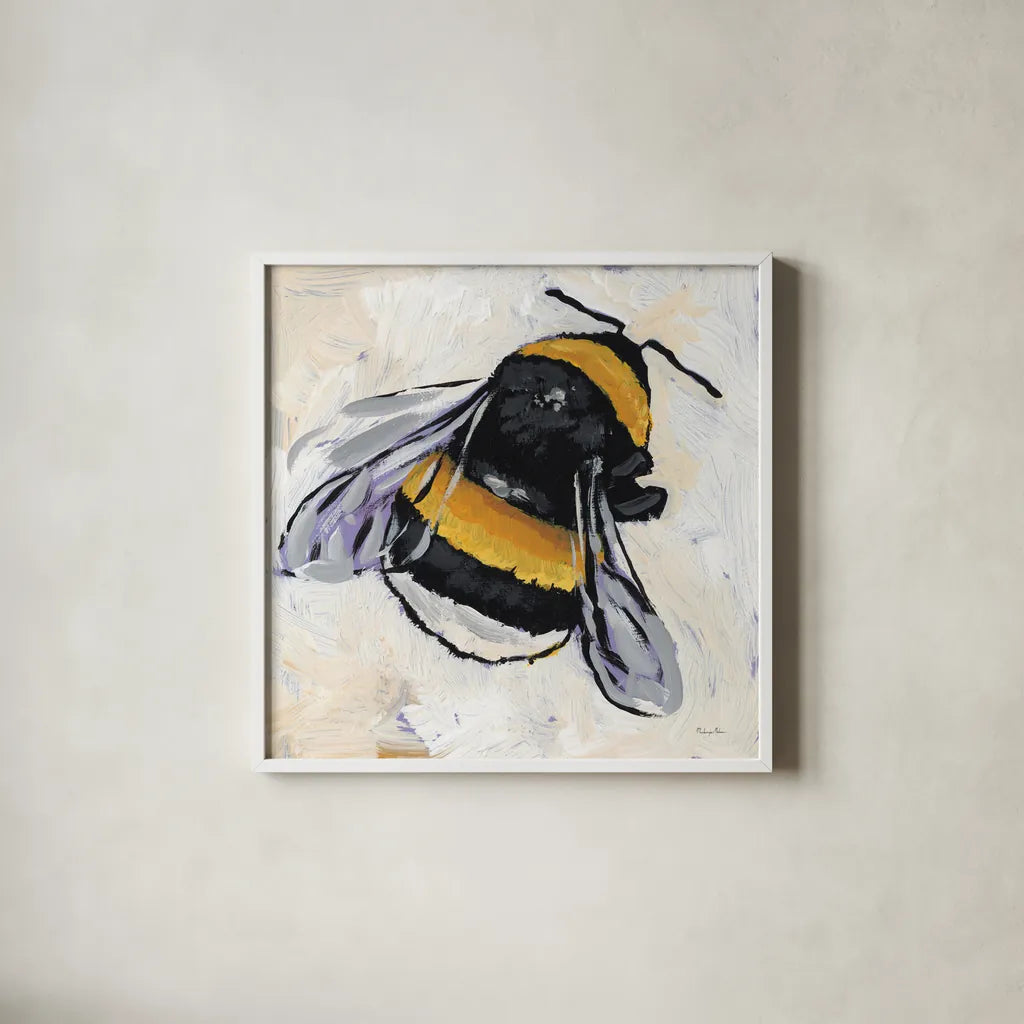Bumblebee II by Mackenzie Nelson. Shown in a crisp white glass frame for a clean and minimalist style. Available as an archival giclee rolled canvas, fine art paper, or poster print. SKU 102199a.