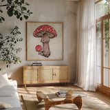 Mushroom I by Mackenzie Nelson. Shown in a natural wood frame in a cozy modern living room. Available as an archival giclee rolled canvas, fine art paper, or poster print. SKU 102205a.