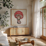 Mushroom II by Mackenzie Nelson. Shown in a natural wood frame in a cozy modern living room. Available as an archival giclee rolled canvas, fine art paper, or poster print. SKU 102206a.