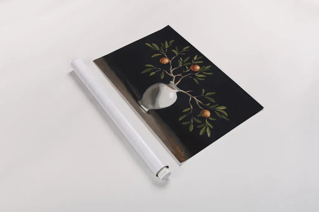 Orange Branches Still Life by Mackenzie Nelson. shown as a rolled paper print. Available as archival giclee rolled canvas, fine art paper, or poster print. SKU 102208i.