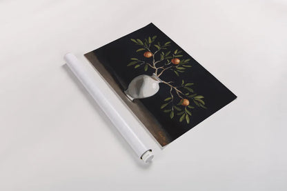 Orange Branches Still Life by Mackenzie Nelson. shown as a rolled paper print. Available as archival giclee rolled canvas, fine art paper, or poster print. SKU 102208i.