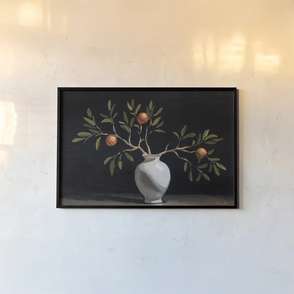 Orange Branches Still Life by Mackenzie Nelson. shown as a paper print in a black flame. Available as a archival giclee rolled canvas, fine art paper, or poster print. SKU 102208i.