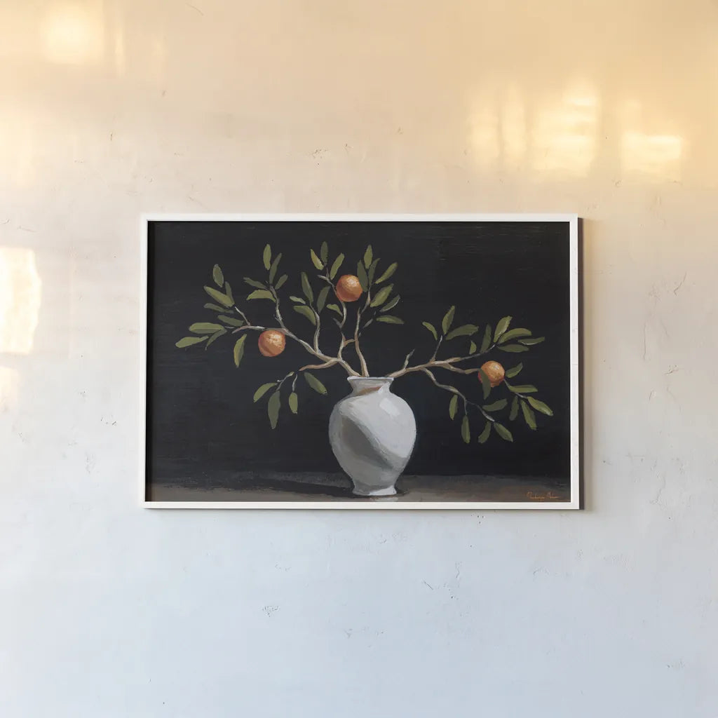 Orange Branches Still Life by Mackenzie Nelson. shown as a paper print in a white frame. Available as a archival giclee rolled canvas, fine art paper, or poster print. SKU 102208i.