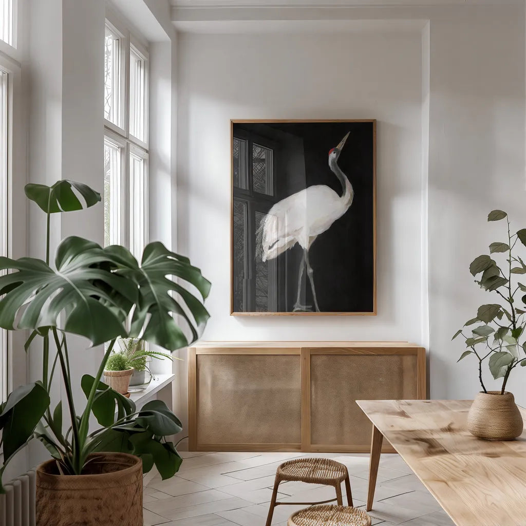 Scarlet by Mackenzie Nelson. shown as a print in a natural wood frame in a dining room. Available as a archival giclee rolled canvas, fine art paper, or poster print. SKU 102586h.