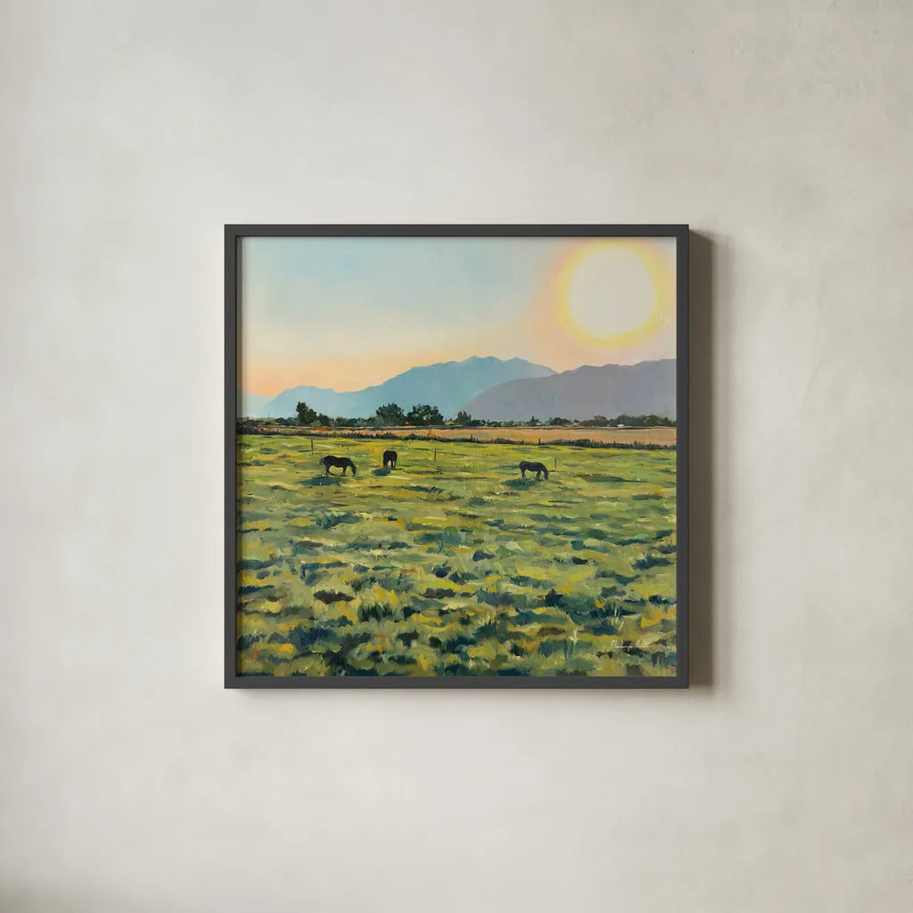 Sunrise by Mackenzie Nelson. Shown in a sleek black glass frame for a contemporary gallery look. Available as an archival giclee rolled canvas, fine art paper, or poster print. SKU 102201a.