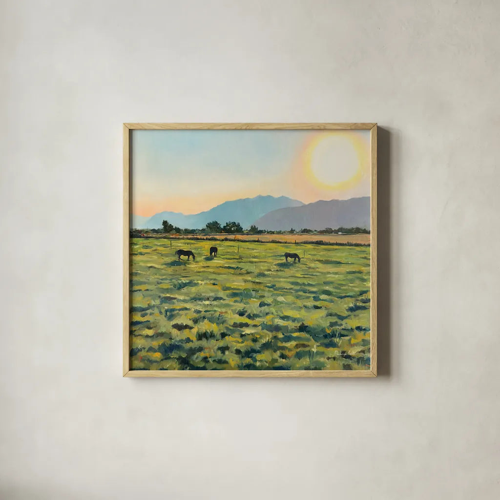 Sunrise by Mackenzie Nelson. Shown in a natural wood glass frame for a timeless modern aesthetic. Available as an archival giclee rolled canvas, fine art paper, or poster print. SKU 102201a.