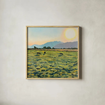 Sunrise by Mackenzie Nelson. Shown in a natural wood glass frame for a timeless modern aesthetic. Available as an archival giclee rolled canvas, fine art paper, or poster print. SKU 102201a.