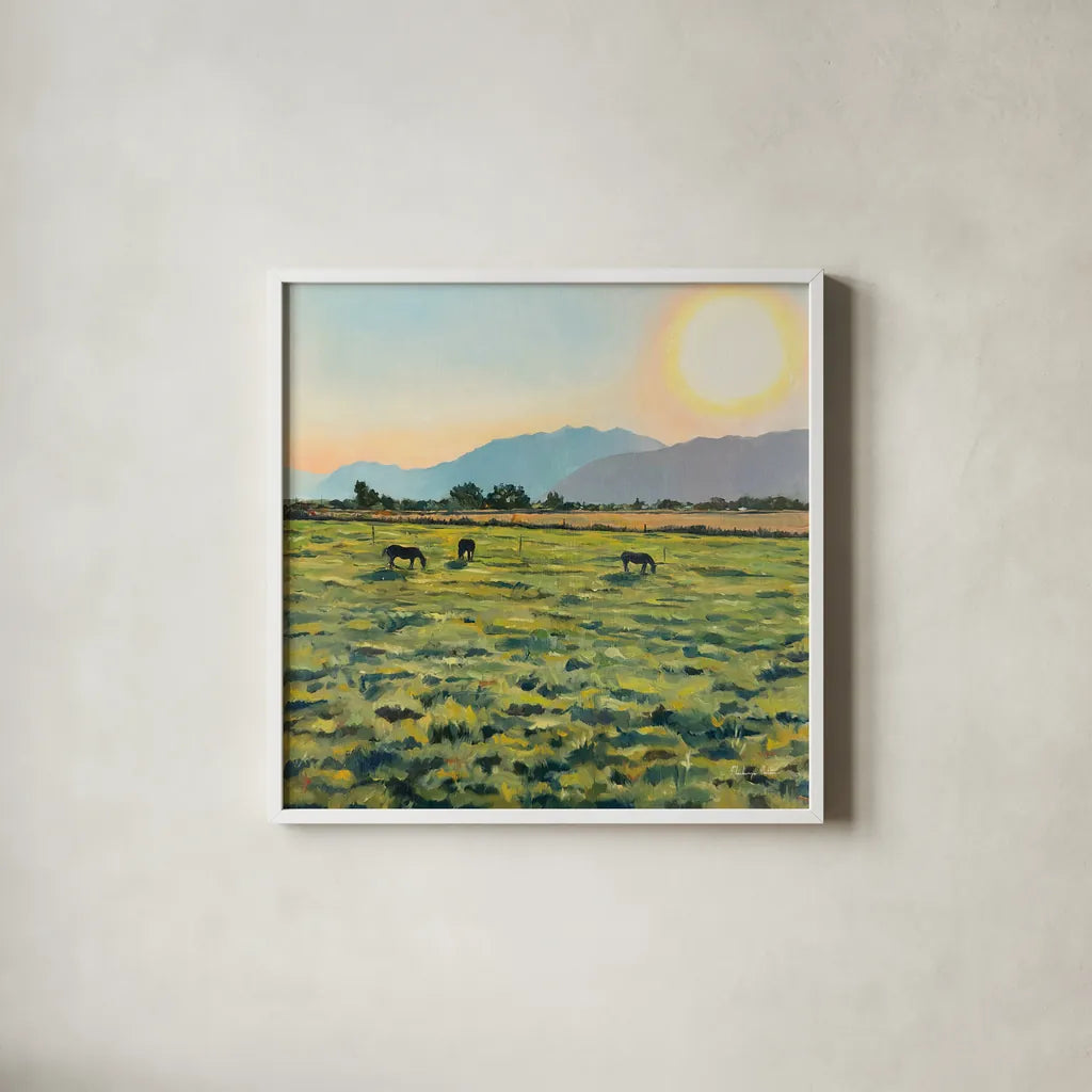 Sunrise by Mackenzie Nelson. Shown in a crisp white glass frame for a clean and minimalist style. Available as an archival giclee rolled canvas, fine art paper, or poster print. SKU 102201a.