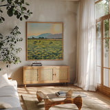 Sunrise by Mackenzie Nelson. Shown in a natural wood frame in a cozy modern living room. Available as an archival giclee rolled canvas, fine art paper, or poster print. SKU 102201a.