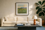 Sunrise by Mackenzie Nelson. Displayed in a glass frame with matte in a clean modern living room. Available as an archival giclee rolled canvas, fine art paper, or poster print. SKU 102201a.