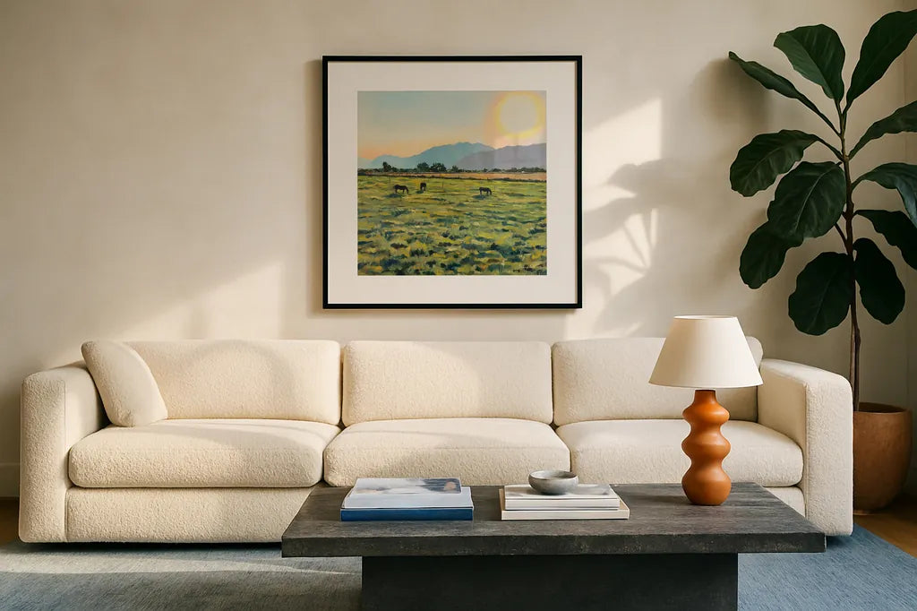 Sunrise by Mackenzie Nelson. Displayed in a glass frame with matte in a clean modern living room. Available as an archival giclee rolled canvas, fine art paper, or poster print. SKU 102201a.