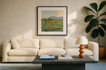 Sunrise by Mackenzie Nelson. Displayed in a glass frame with matte in a clean modern living room. Available as an archival giclee rolled canvas, fine art paper, or poster print. SKU 102201a.