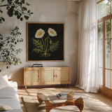 Vintage White Poppies by Mackenzie Nelson. Shown in a natural wood frame in a cozy modern living room. Available as an archival giclee rolled canvas, fine art paper, or poster print. SKU 103111a.