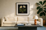 Vintage White Poppies by Mackenzie Nelson. Displayed in a glass frame with matte in a clean modern living room. Available as an archival giclee rolled canvas, fine art paper, or poster print. SKU 103111a.