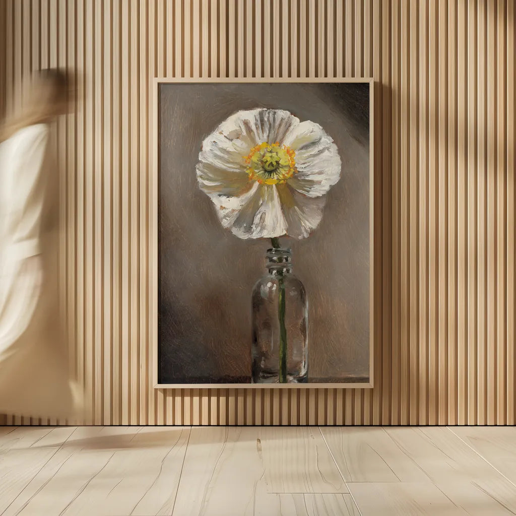 White Poppy by Mackenzie Nelson. shown as over sized large wall art. Available as an archival giclee rolled canvas, fine art paper, or poster print. SKU 102204h.