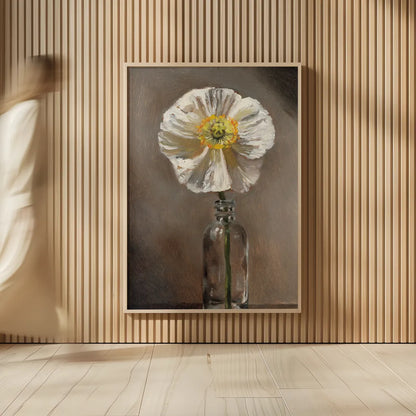 White Poppy by Mackenzie Nelson. shown as over sized large wall art. Available as an archival giclee rolled canvas, fine art paper, or poster print. SKU 102204h.