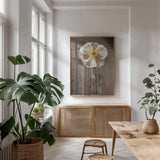 White Poppy by Mackenzie Nelson. shown as a print in a natural wood frame in a dining room. Available as a archival giclee rolled canvas, fine art paper, or poster print. SKU 102204h.