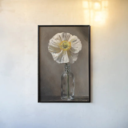 White Poppy by Mackenzie Nelson. shown as a paper print in a black flame. Available as a archival giclee rolled canvas, fine art paper, or poster print. SKU 102204h.