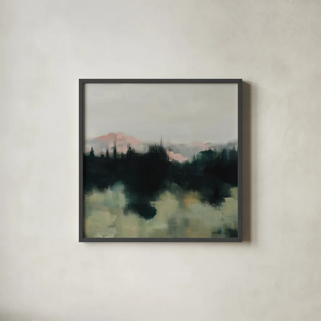 Call to the Mountain by Maggie Sackmann. Shown in a sleek black glass frame for a contemporary gallery look. Available as an archival giclee rolled canvas, fine art paper, or poster print. SKU 101890a.