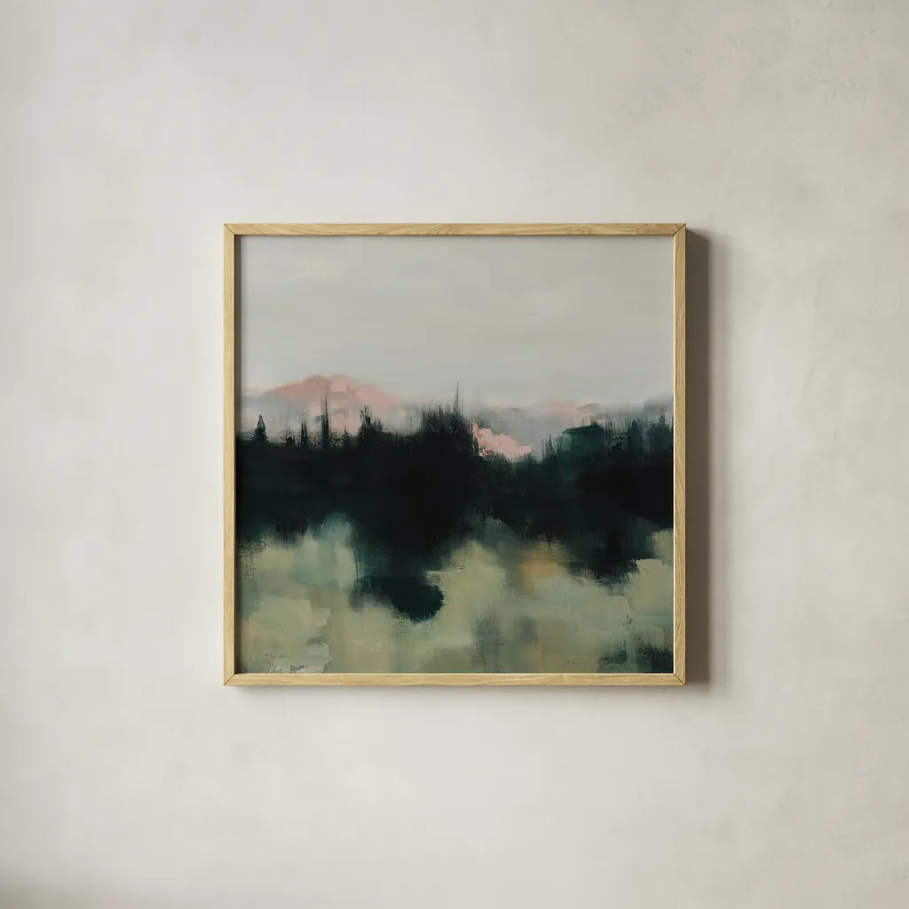 Call to the Mountain by Maggie Sackmann. Shown in a natural wood glass frame for a timeless modern aesthetic. Available as an archival giclee rolled canvas, fine art paper, or poster print. SKU 101890a.