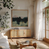Call to the Mountain by Maggie Sackmann. Shown in a natural wood frame in a cozy modern living room. Available as an archival giclee rolled canvas, fine art paper, or poster print. SKU 101890a.