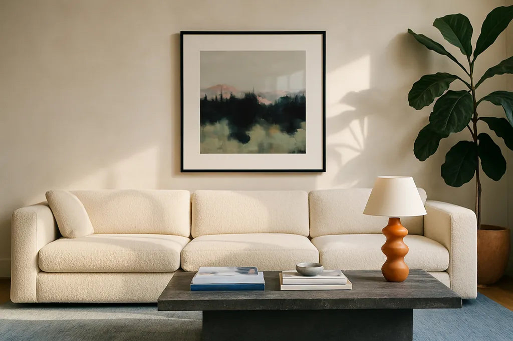 Call to the Mountain by Maggie Sackmann. Displayed in a glass frame with matte in a clean modern living room. Available as an archival giclee rolled canvas, fine art paper, or poster print. SKU 101890a.