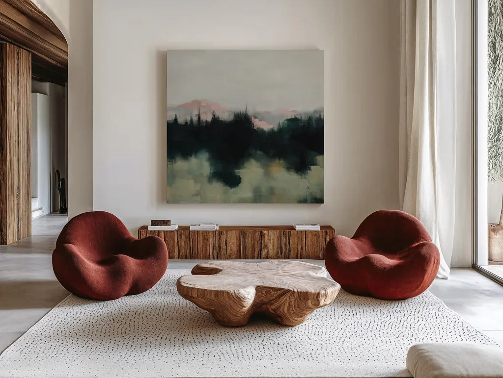 Call to the Mountain by Maggie Sackmann. Shown as extra-large giant wall art in a modern living room. Available as an archival giclee rolled canvas, fine art paper, or poster print. SKU 101890a.