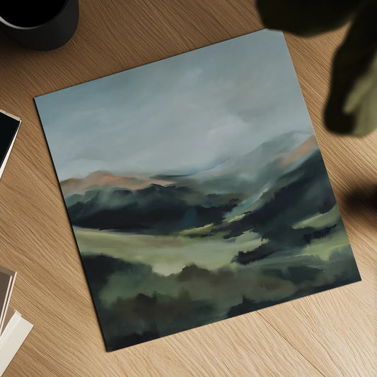 In the Valleys Embrace by Maggie Sackmann. Shown as a detailed flat fine art print, highlighting archival giclee quality. Available as an archival giclee rolled canvas, fine art paper, or poster print. SKU 101897a.