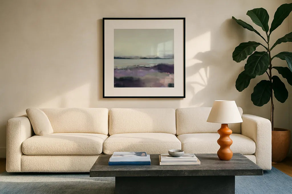 Lupine by Maggie Sackmann. Displayed in a glass frame with matte in a clean modern living room. Available as an archival giclee rolled canvas, fine art paper, or poster print. SKU 101899a.