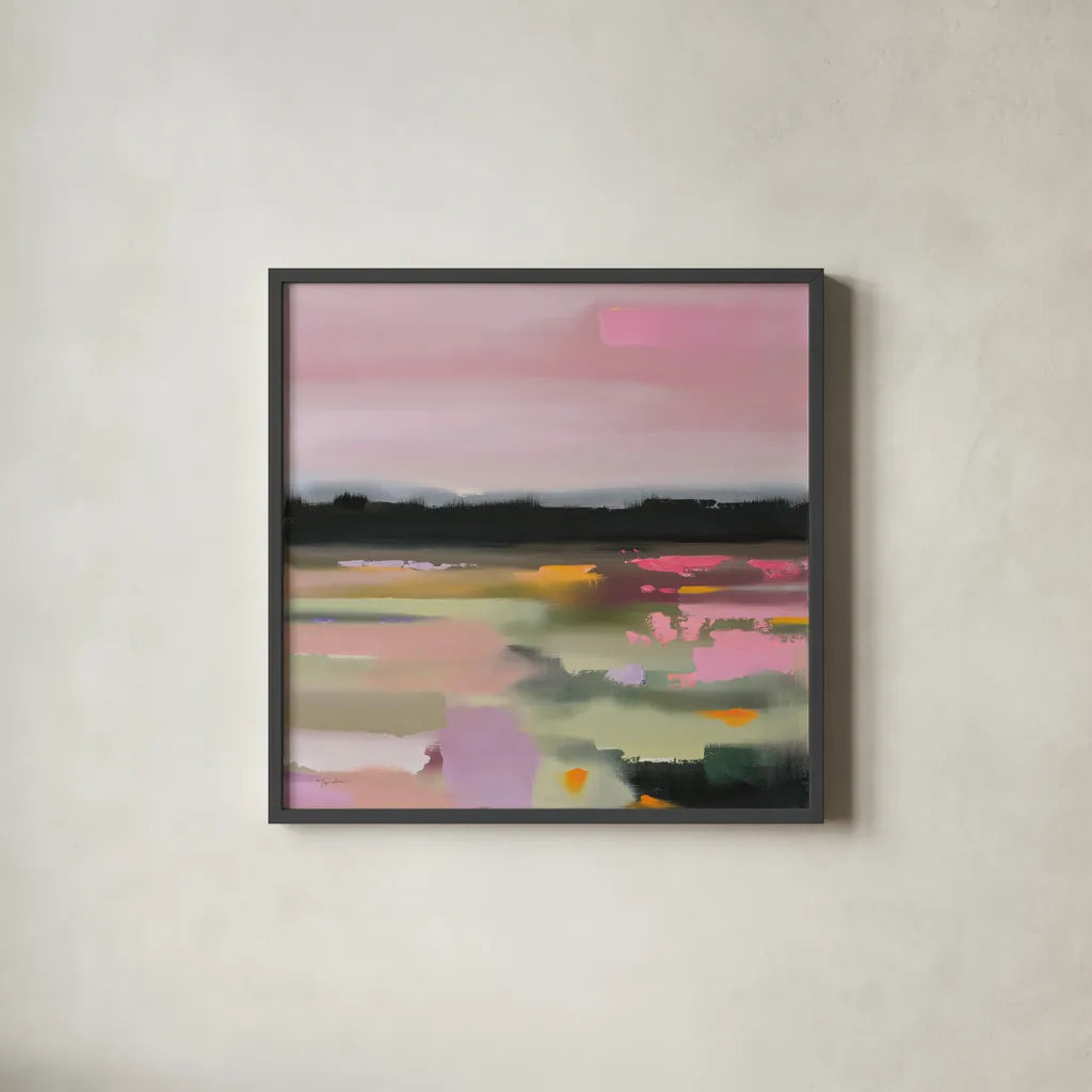 Magenta Meadows by Maggie Sackmann. Shown in a sleek black glass frame for a contemporary gallery look. Available as an archival giclee rolled canvas, fine art paper, or poster print. SKU 101900a.