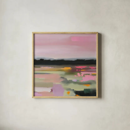 Magenta Meadows by Maggie Sackmann. Shown in a natural wood glass frame for a timeless modern aesthetic. Available as an archival giclee rolled canvas, fine art paper, or poster print. SKU 101900a.