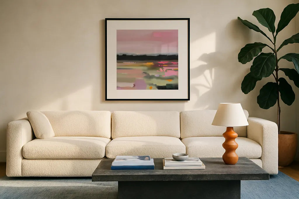 Magenta Meadows by Maggie Sackmann. Displayed in a glass frame with matte in a clean modern living room. Available as an archival giclee rolled canvas, fine art paper, or poster print. SKU 101900a.