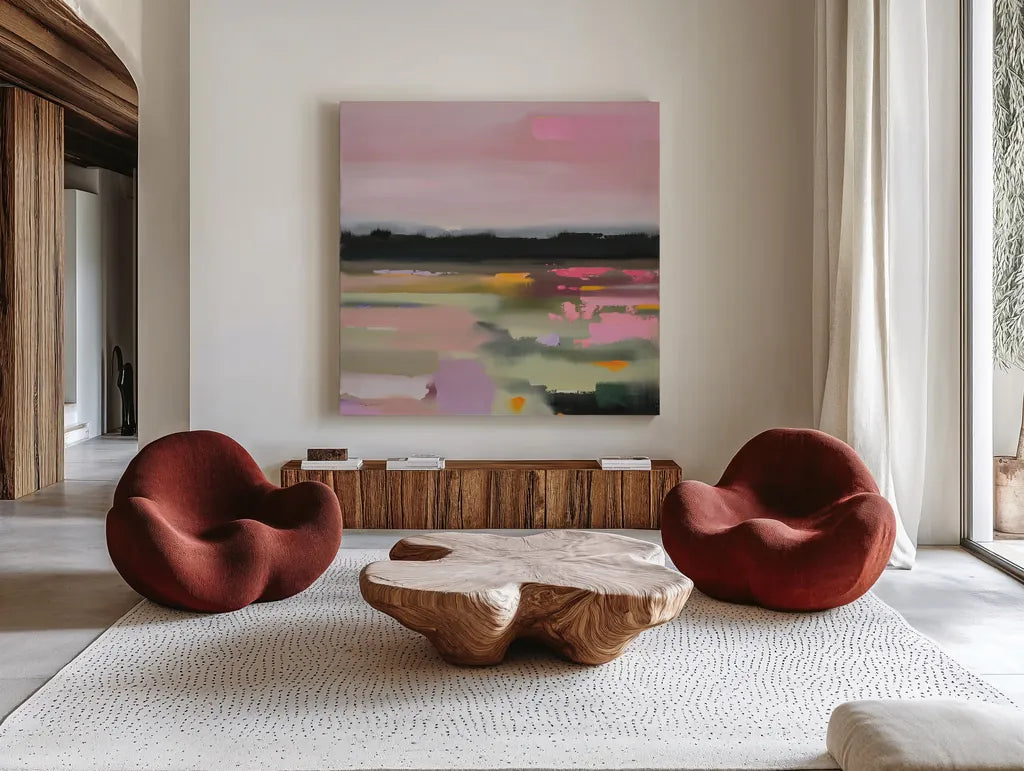 Magenta Meadows by Maggie Sackmann. Shown as extra-large giant wall art in a modern living room. Available as an archival giclee rolled canvas, fine art paper, or poster print. SKU 101900a.